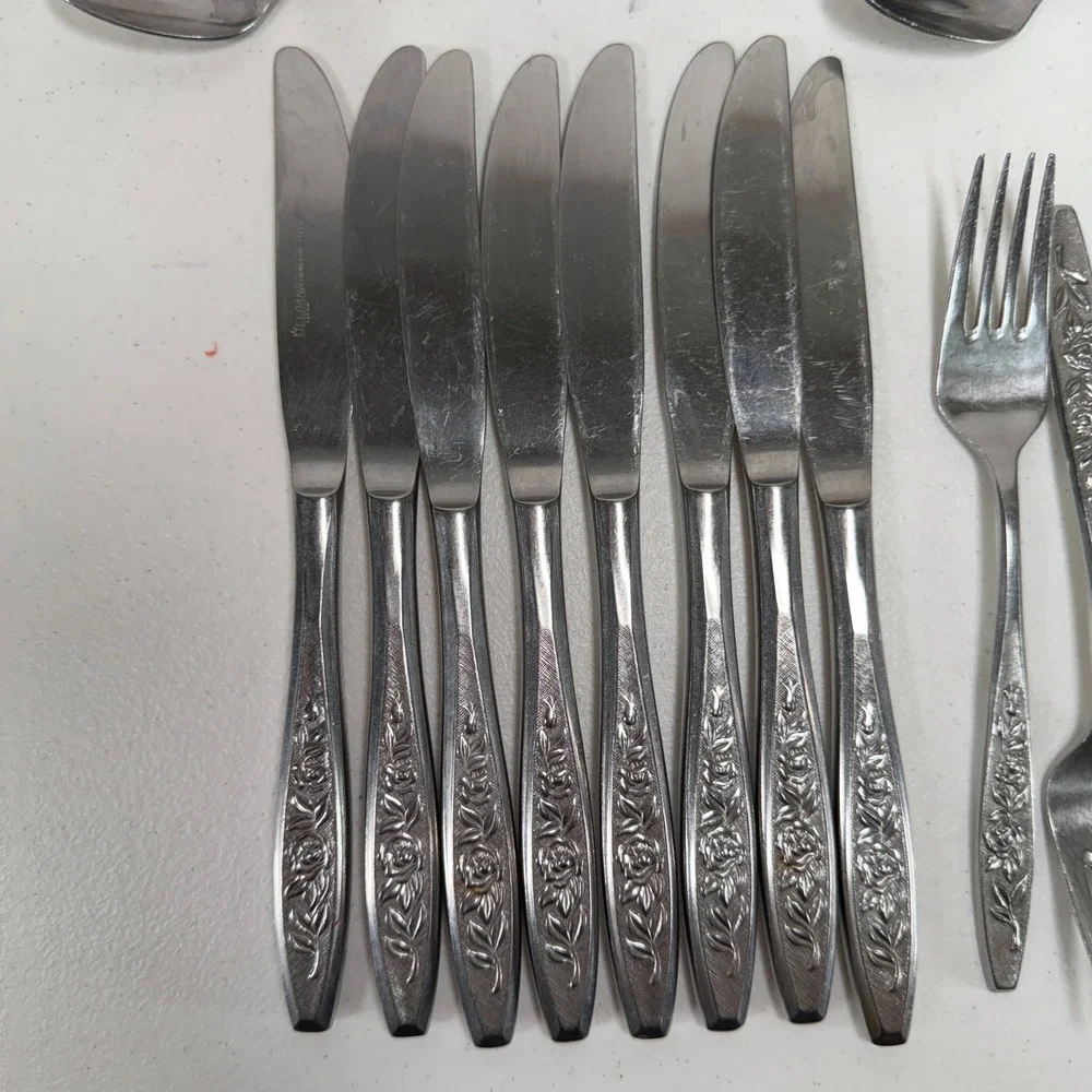 Eldan 44pc Flatware Set Stainless Japan Rose Floral Vintage Silverware Service